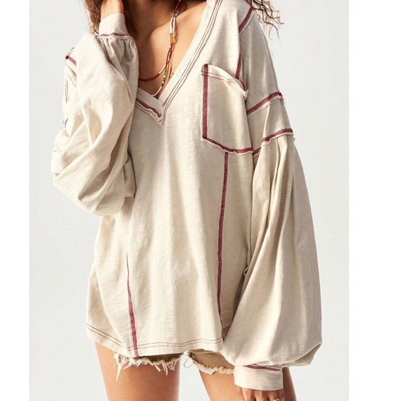 Solid V neck Reverse Stitch Pockets Oversized Long Sleeve Top - Picture 1 of 10